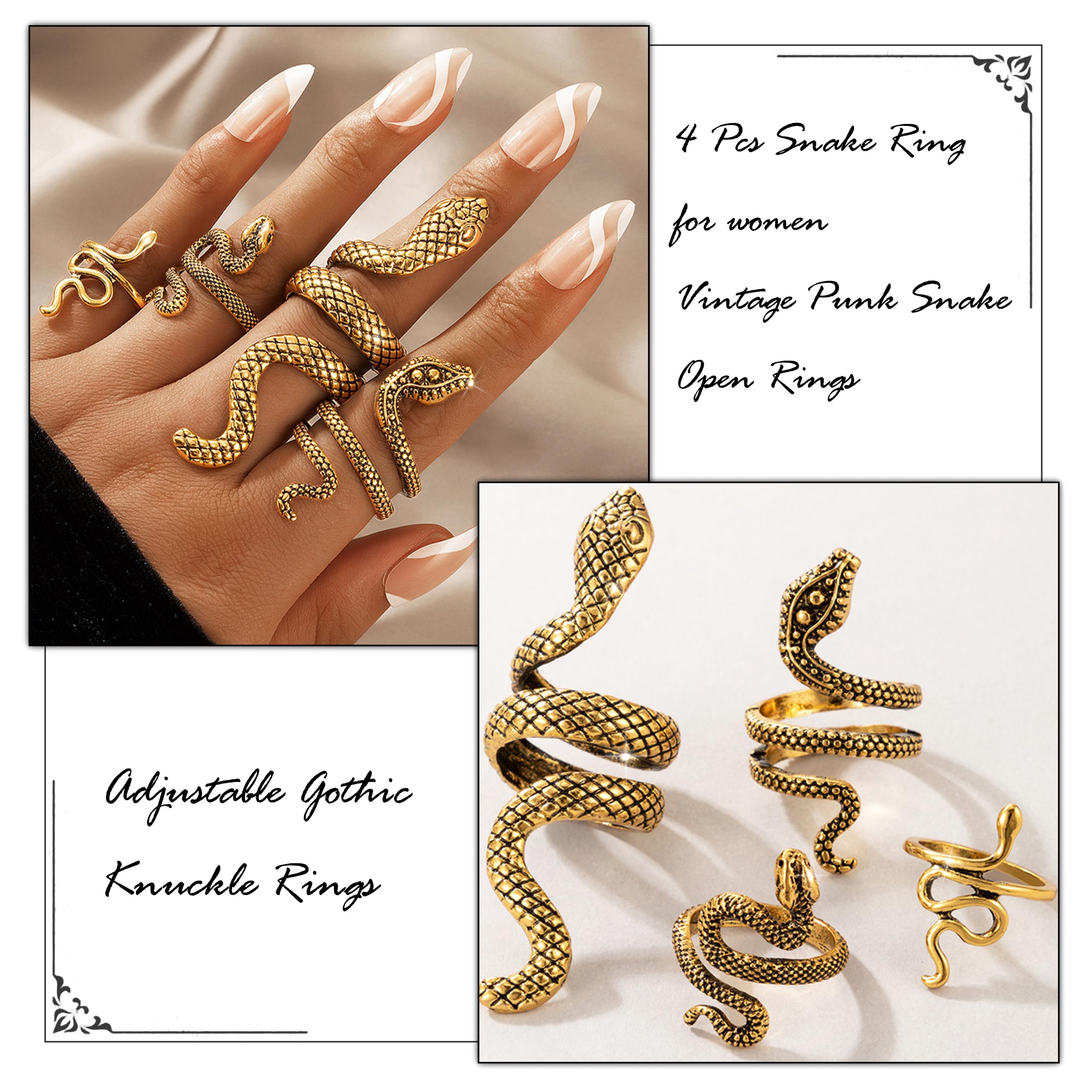Frodete Snake Stackable Rings for Women Snake Jewelry Set Adjustable Vintage Reptile Serpent Rings Punk Goth Knuckle Rings Hallo