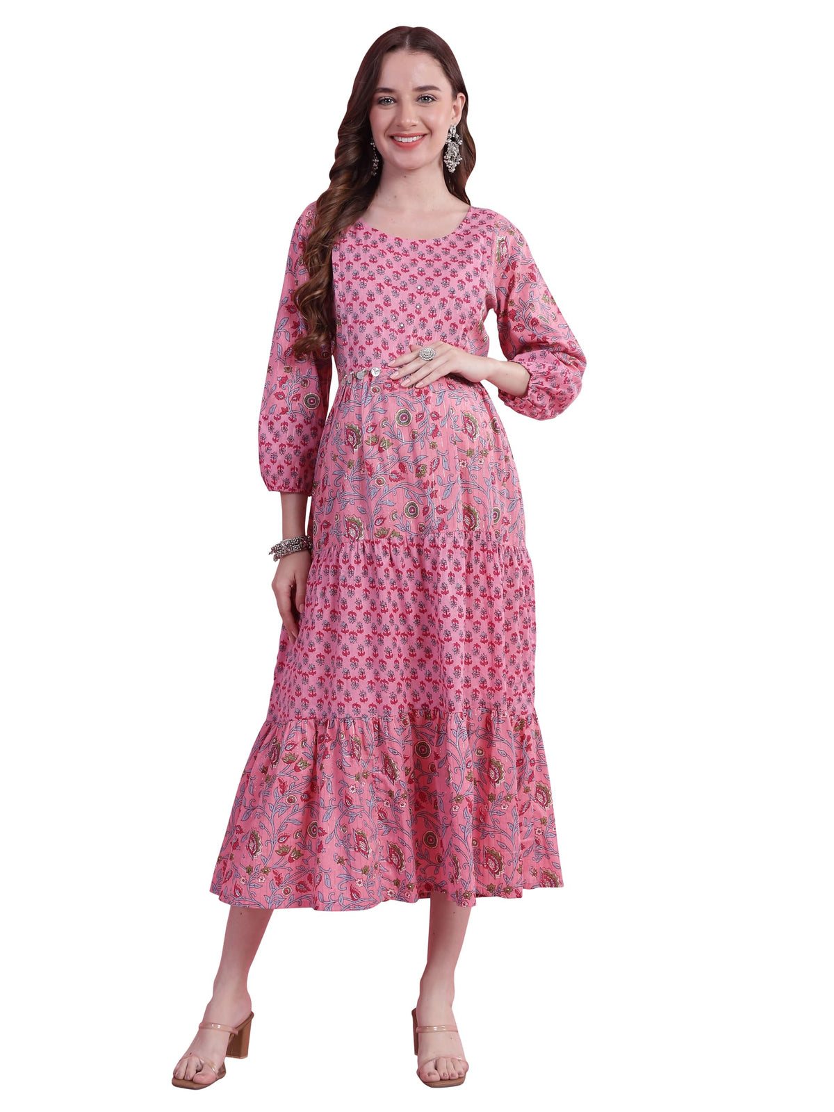 Rajnandini WomenS Cotton Floral Jaipuri Printed Maternity Gown With Zipper For Women For Pre & Post Pregnancy & Easy Breastfeed 3