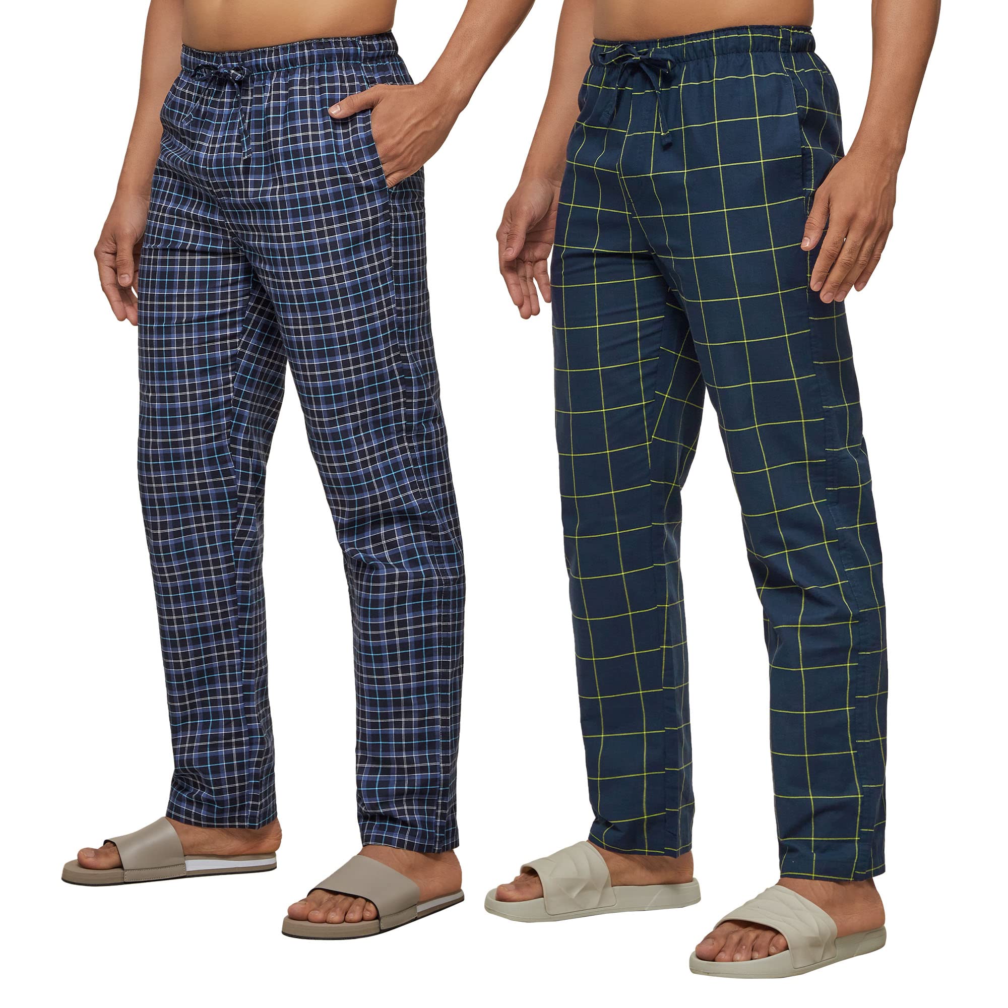 XYXX Mens Super Combed Cotton Checkered Checkmate Pyjamas [Pack of 2] Elasticated Waist, Drawstring | Loungewear for Men in Blu