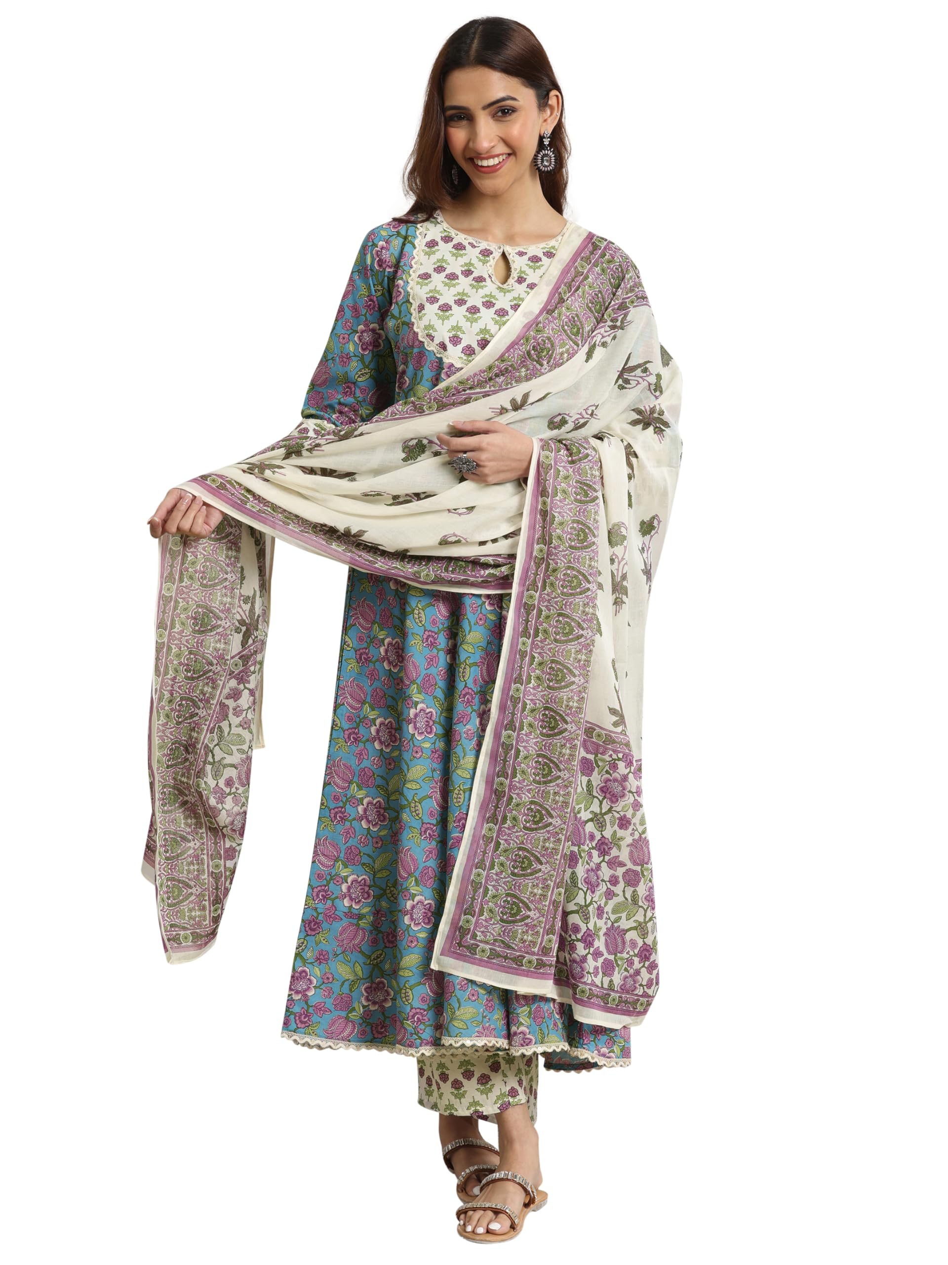 Libas Blue Floral Printed Anarkali Kurta With Floral Printed Trouser And Dupatta