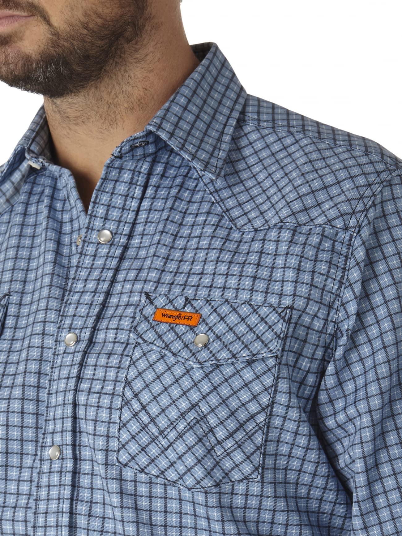 Wrangler Riggs Workwear mens Fr Flame Resistant Western Long Sleeve Two Pocket Snap Work Utility Button Down Shirt, Blue Plaid,