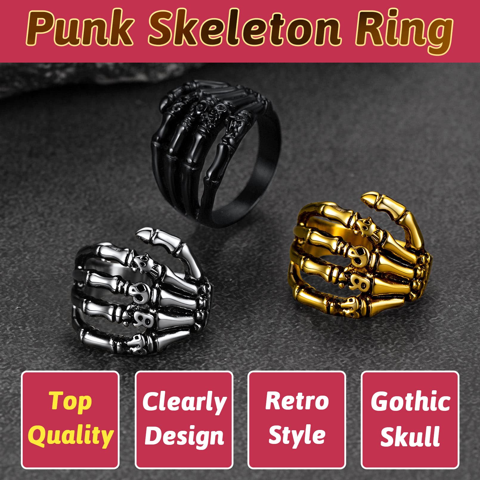 Black Skeleton Halloween Accessories Skull Rings for Male Female Punk Jewelry