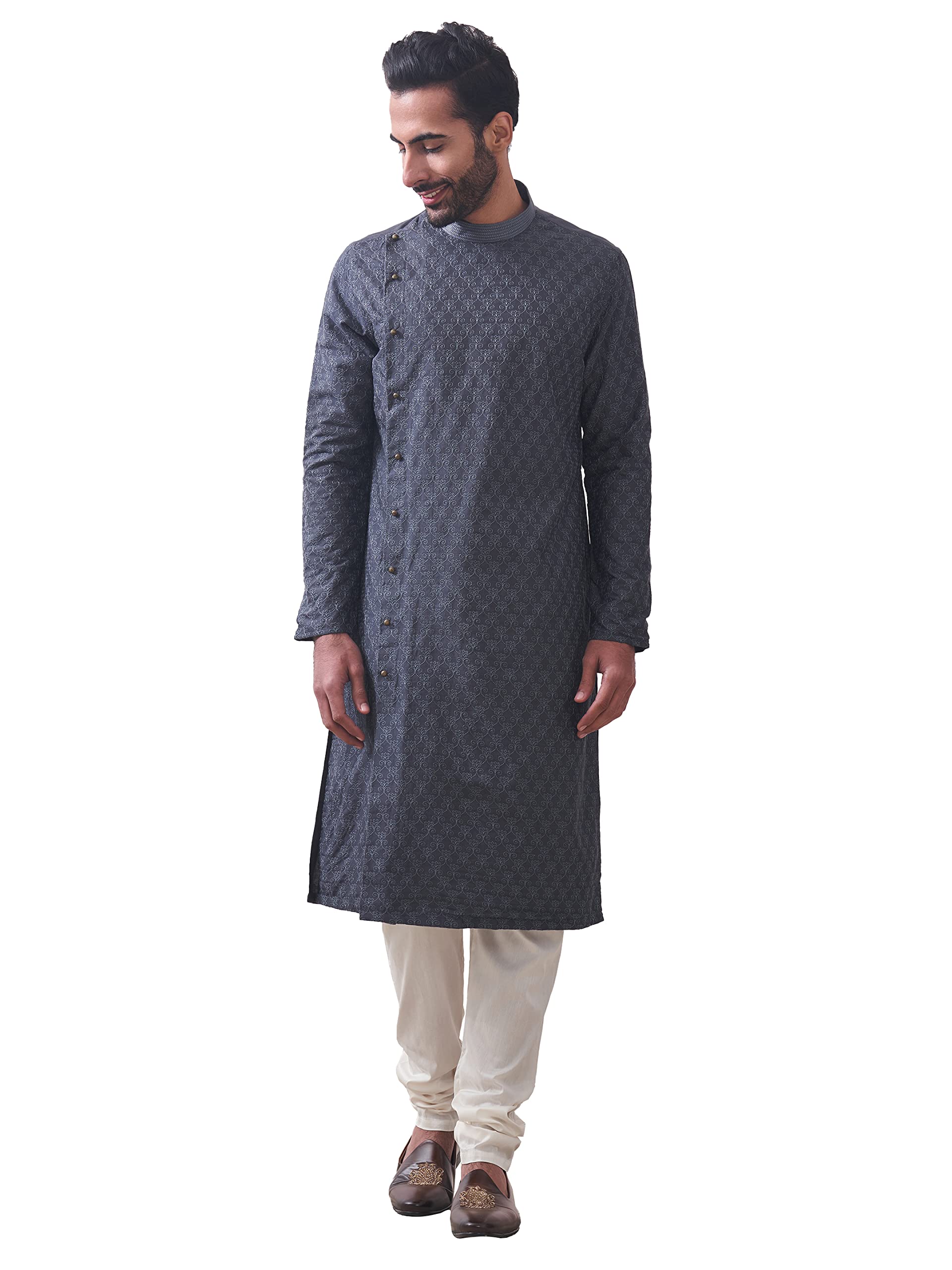 Manyavar Grey All Over Self Design Full Sleeve Art Silk Kurta Set | Traditional Kurta Set For Men (L)