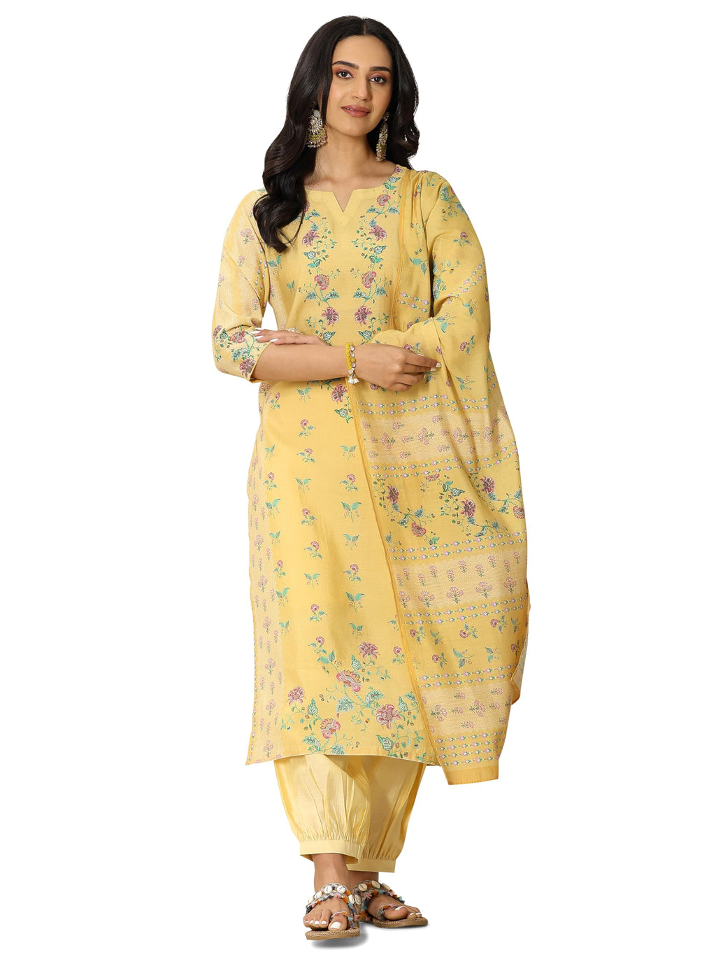 Libas Womens Printed Silk Blend Straight Kurta With Salwar And Dupatta