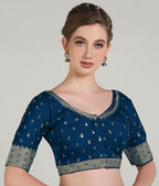 Pujia Mills Women Indian Ethnic Wear Designer Golden Codding With Zari Embroidered Diamond Work Round Neck Half Sleeve Readymade