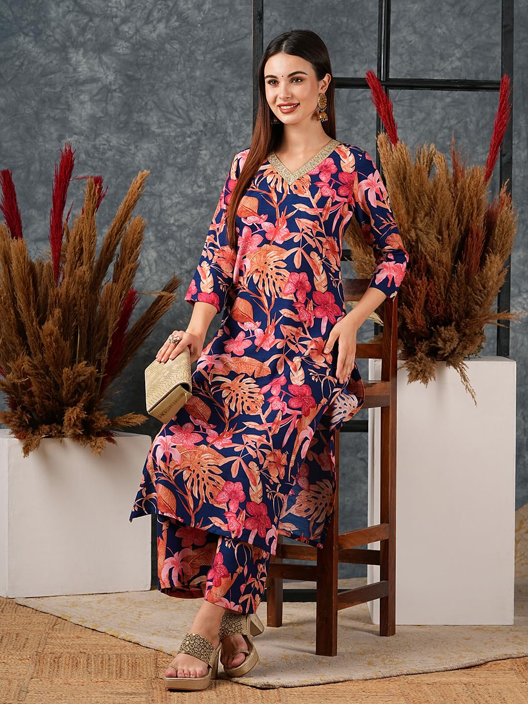 ANNI DESIGNER Women s Cotton Blend Kurta with Palazzo, Blue, L
