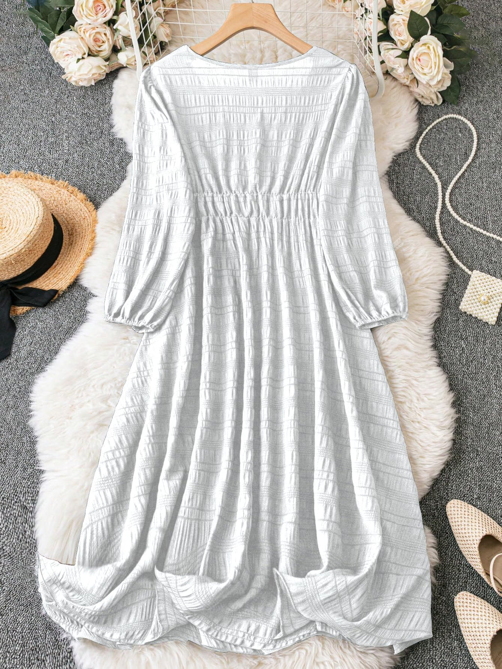 Shasmi Womens & Girls White Dress For Women Midi, One Piece Dress For Womens Casual Dress, Solid Textured Lantern Sleeve Tie Fro