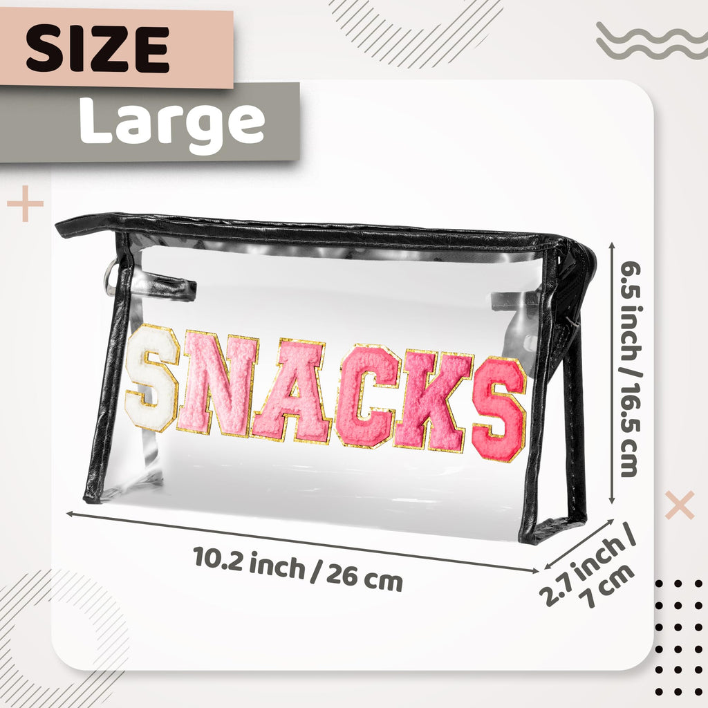Y1tvei Large Clear SNACKS Pouch - Preppy Patch Rose Red Chenille Varsity Letter PVC Transparent Extra Large Cosmetic Makeup Bag