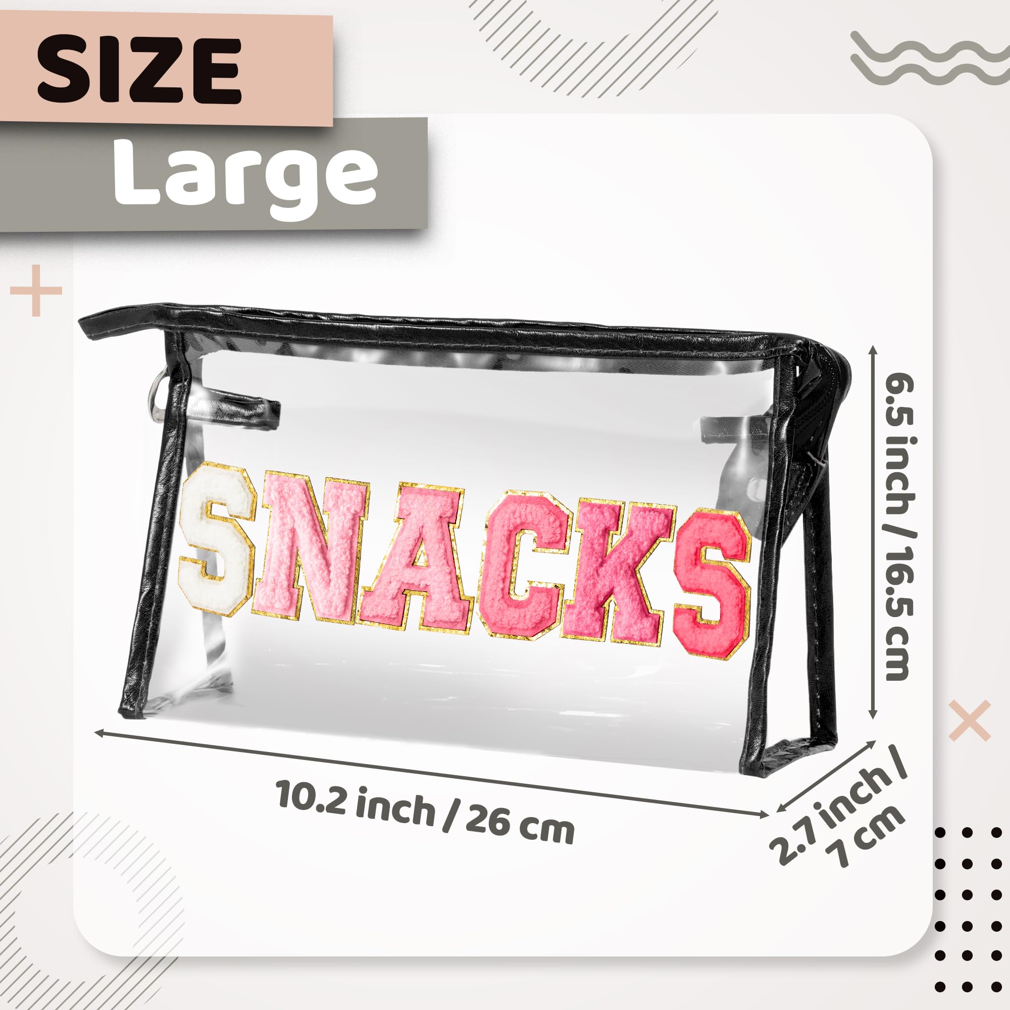 Y1tvei Large Clear SNACKS Pouch - Preppy Patch Rose Red Chenille Varsity Letter PVC Transparent Extra Large Cosmetic Makeup Bag