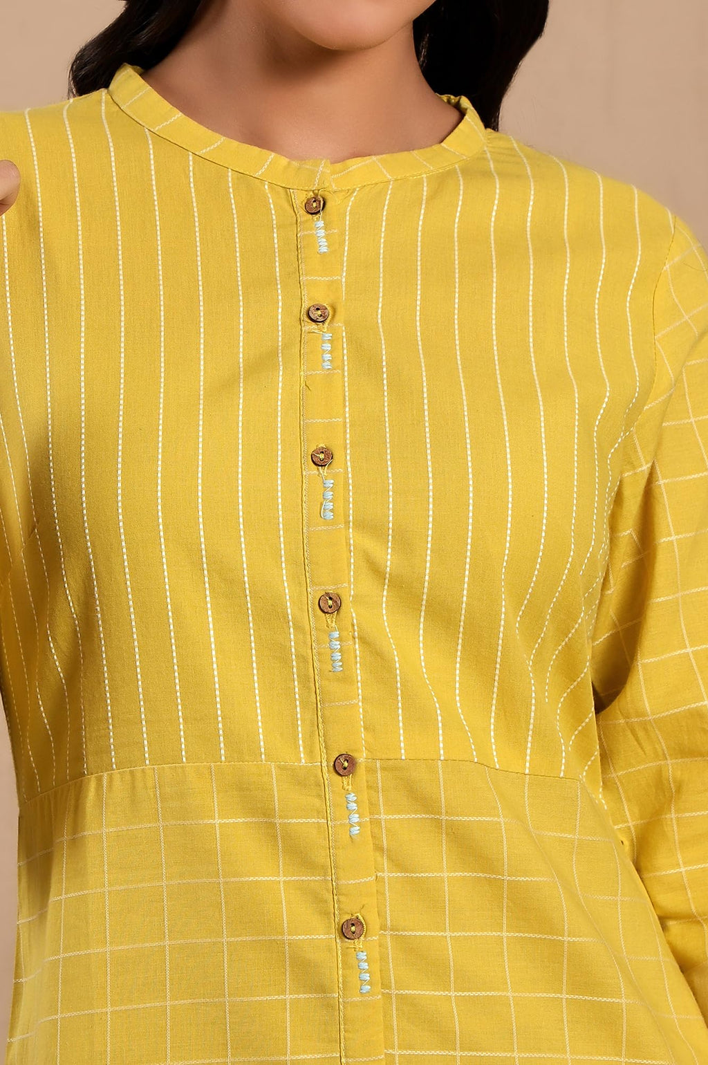 W Yellow Cotton Checked Straight-Long Kurta for Women