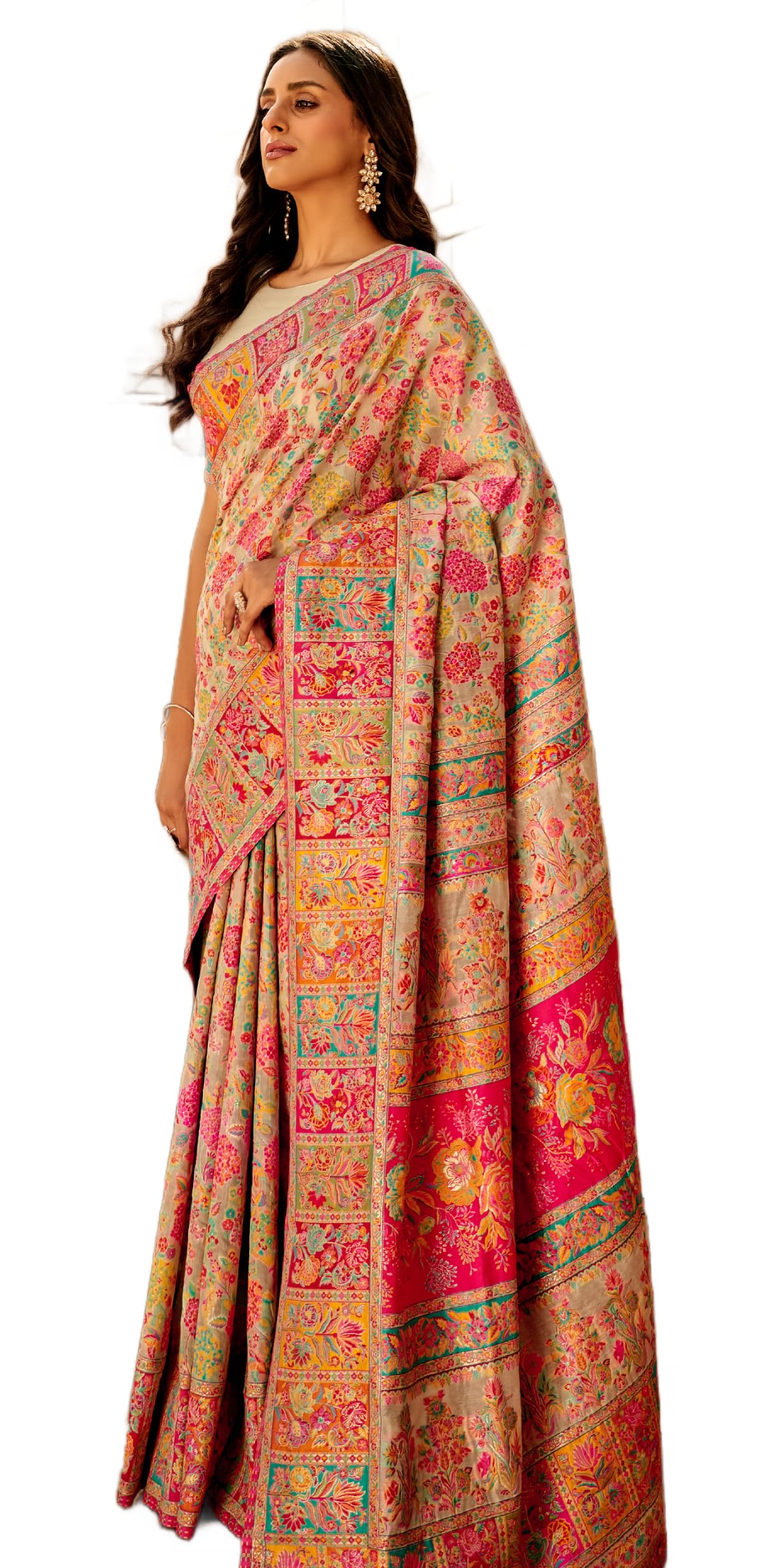 MADHUHANSH Womens Kasamiri Cotton Patola Letest Designer Saree with Unstitched Blouse With Boluse Piece (CREAM)