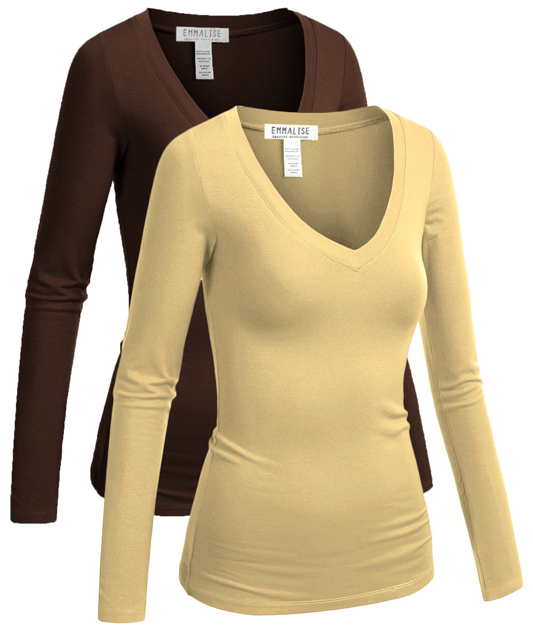 Emmalise Women's Casual Basic V-Neck Tshirt Long Sleeves Tee Top - 2Pk-Khaki,Brown, S