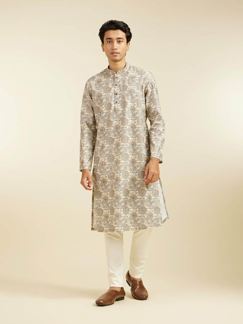 Diwas By Manyavar MenS Cotton Blend Printed Kurta (Beige,S)