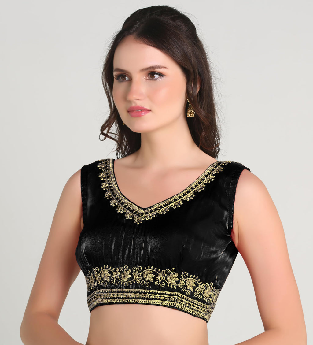 Pujia Mills Womens Sequin Embroidered V Neck Sleeveless Readymade Saree Blouse Indian Ethnic Designer Stitched Readymade Saree