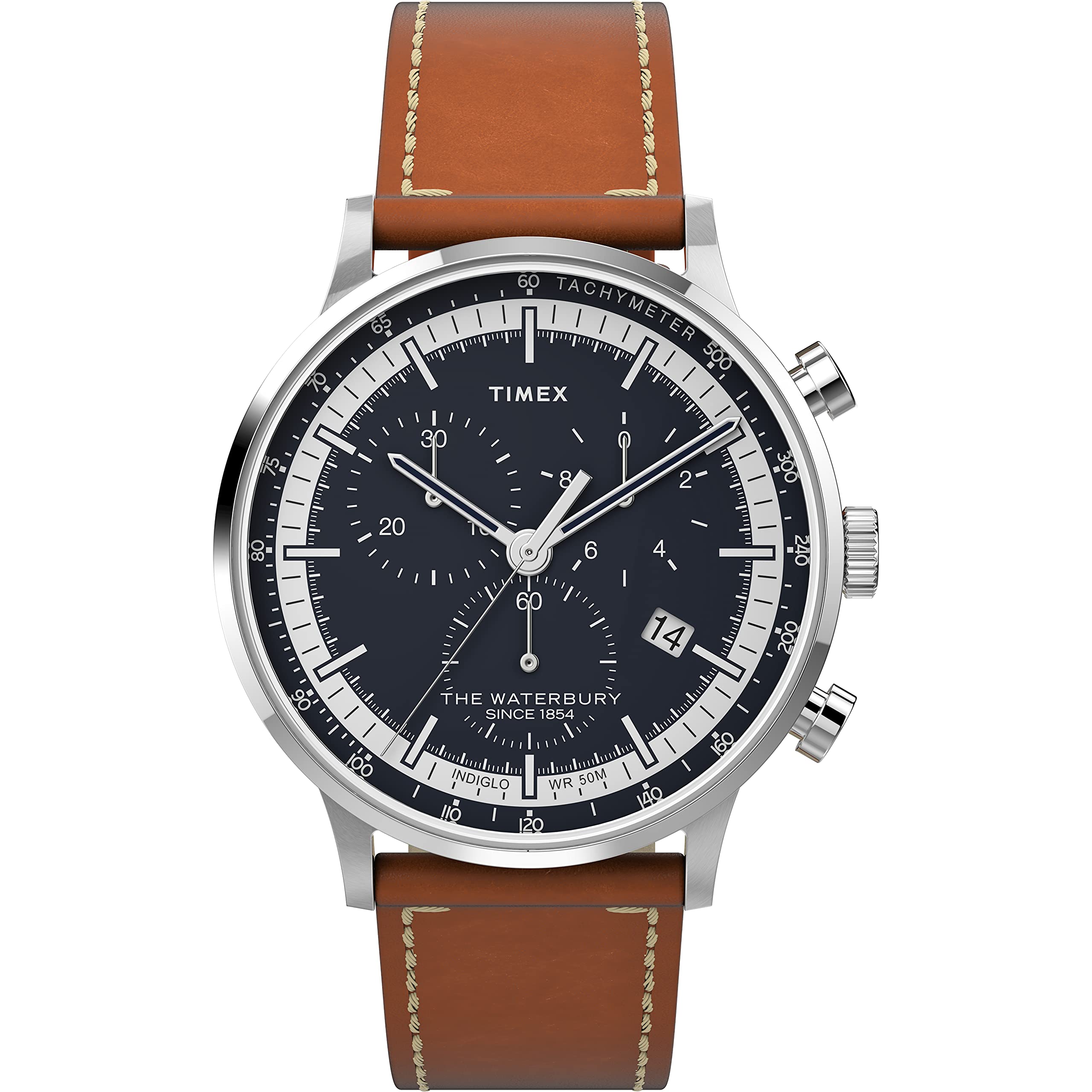 Timex Men's Waterbury Classic Chrono 40mm Stainless Steel Quartz Dress Watch with Leather Strap, Brown, 20 (Model: TW2V30800VQ)