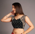 Pujia Mills WomenS Sequin Embroidered V Neck Sleeveless Black Readymade Saree Blouse Indian Ethnic Stitched Padded Blouses For