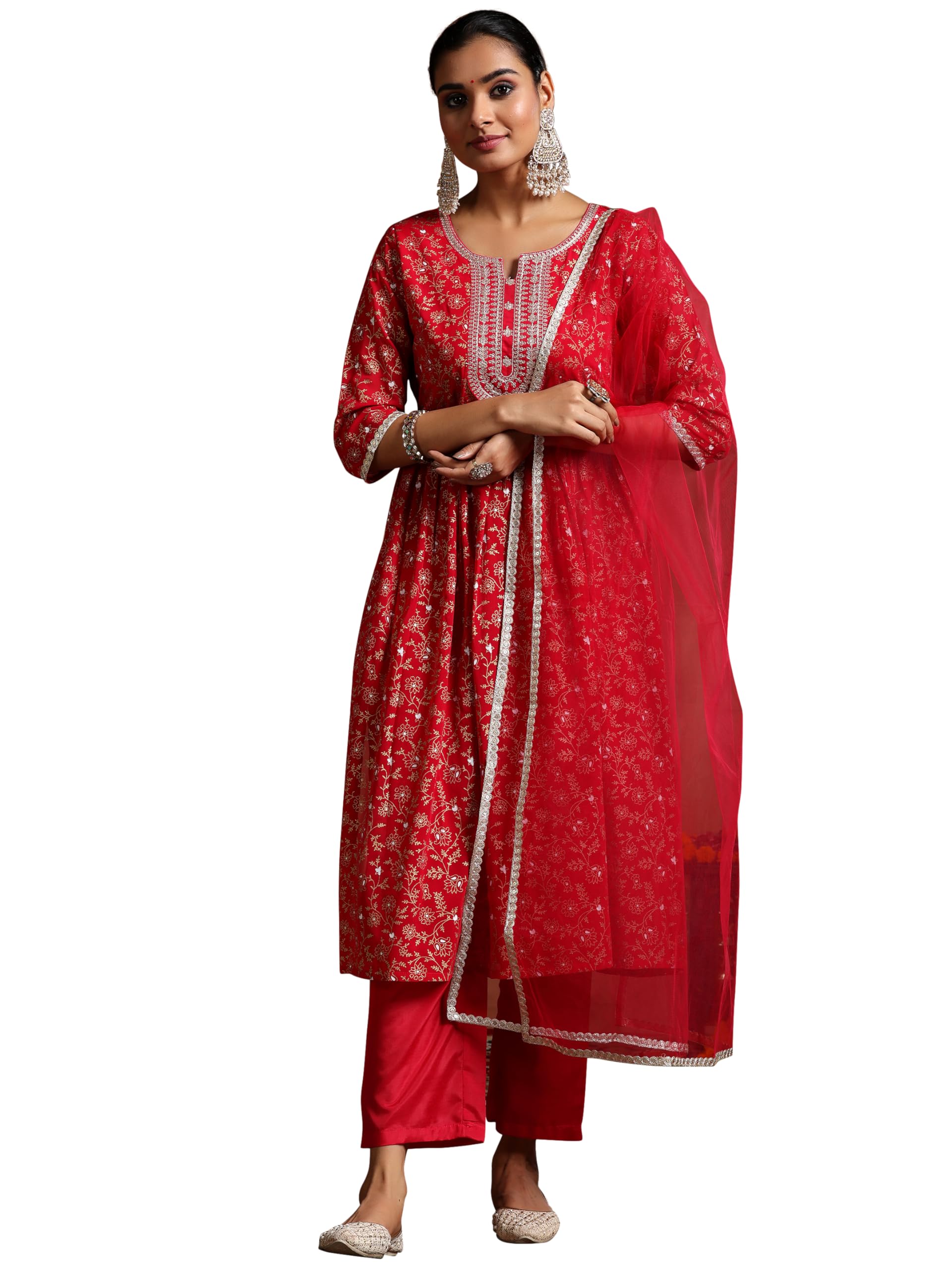 Libas Womens Printed Georgette A-Line Kurta With Trousers And Dupatta