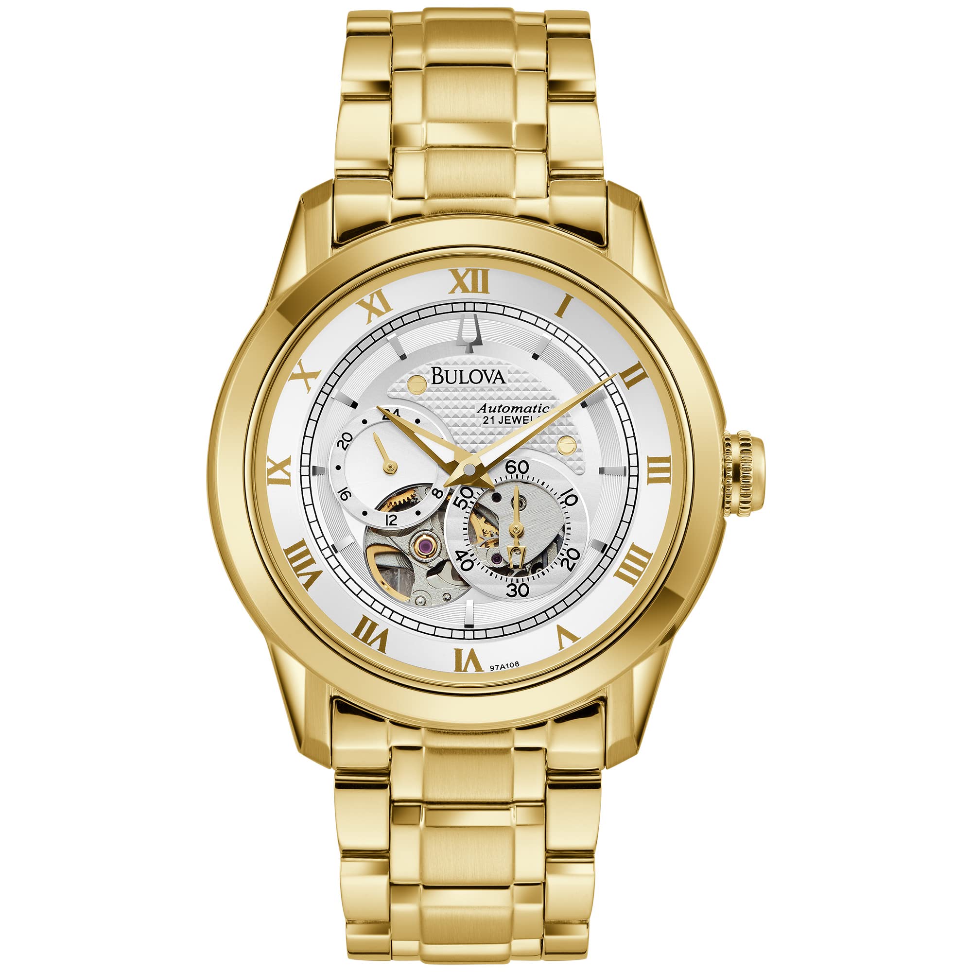 Bulova Men's Classic Sutton 4-Hand Automatic Watch, 24-Hour Sub Dial, Open Aperture, Self-Winding, Exhibition Caseback, Double C