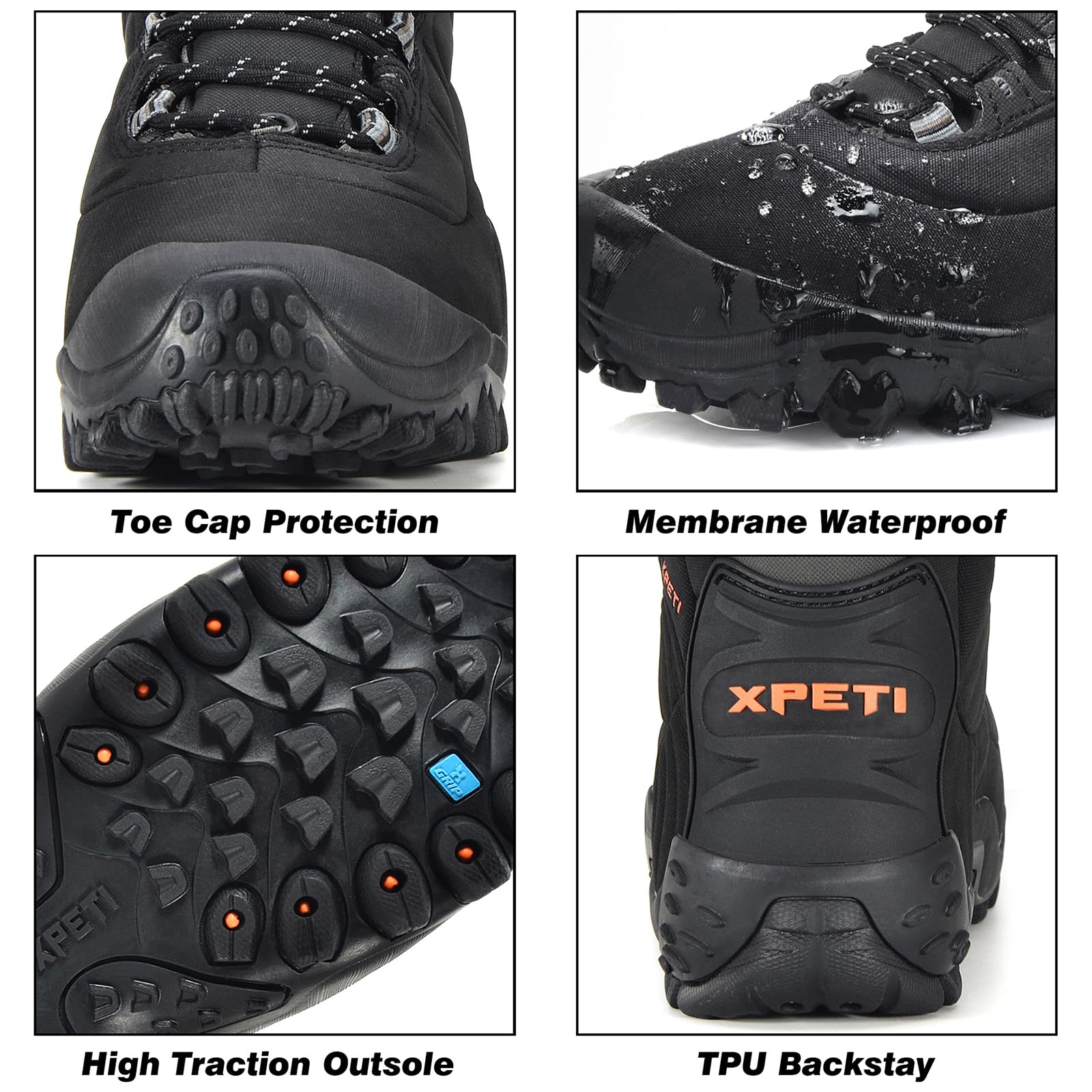 XPETI Mens Thermator Mid-Rise Waterproof Hiking Boot Insulated Non-Slip Black 7