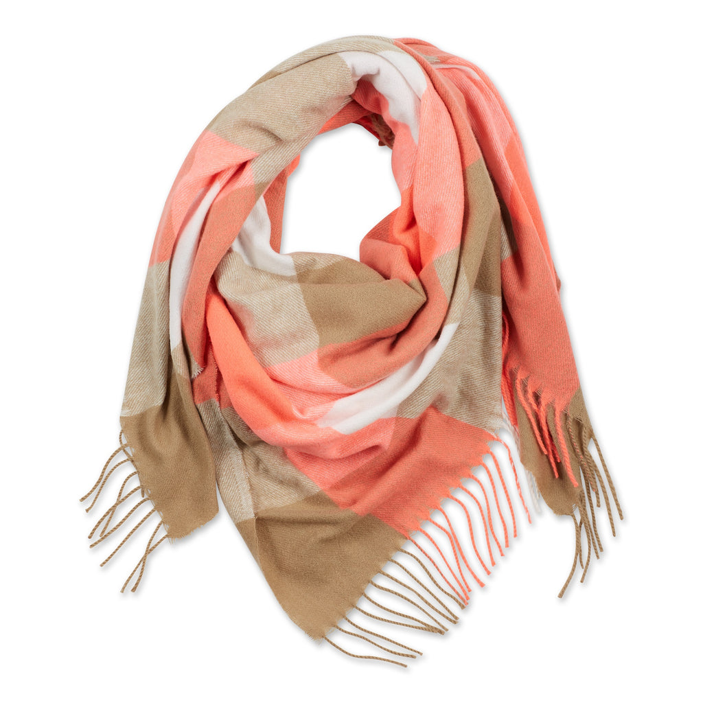 FRINGE PLAID BLANKET SCARF - PINK & BEIGE