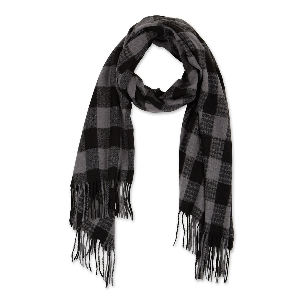 DENVER PLAID FRINGE SCARF - BLACK & GRAY