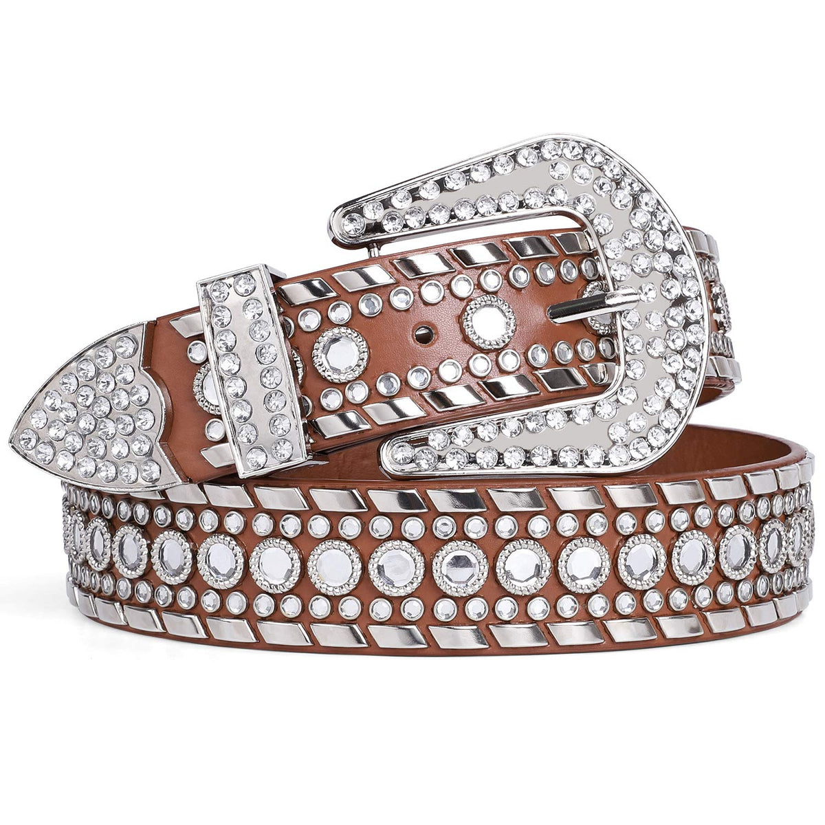 Western Rhinestone Belt Suosdey Bling Cowgirl Leather Belt For Women For Jeans,Brown,S 28-33