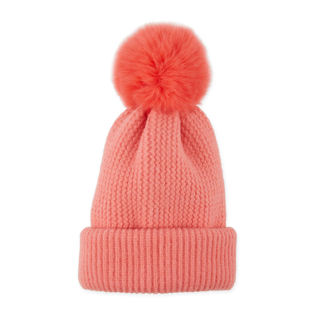 Hadley Wren Plush Knit Pom Pom Beanie, Coral