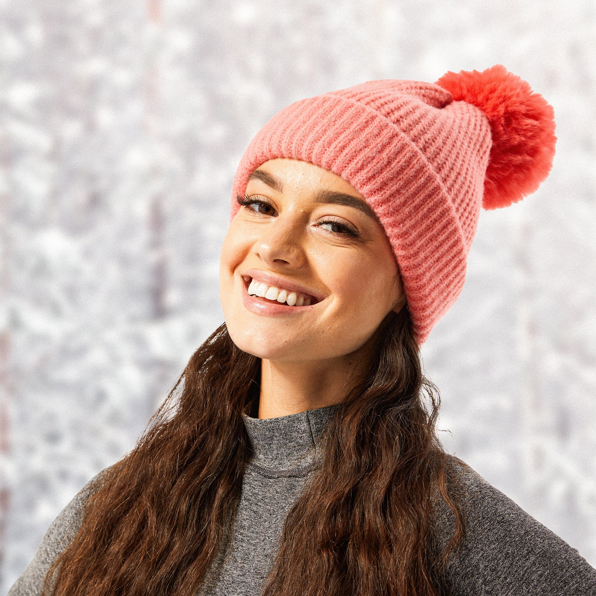 Hadley Wren Plush Knit Pom Pom Beanie, Coral