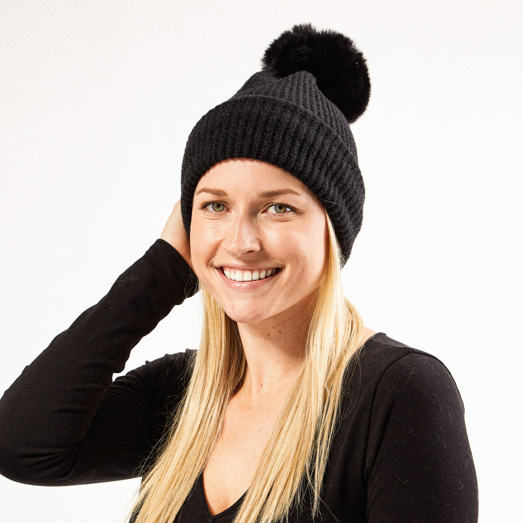 Hadley Wren Plush Knit Pom Pom Beanie, Black