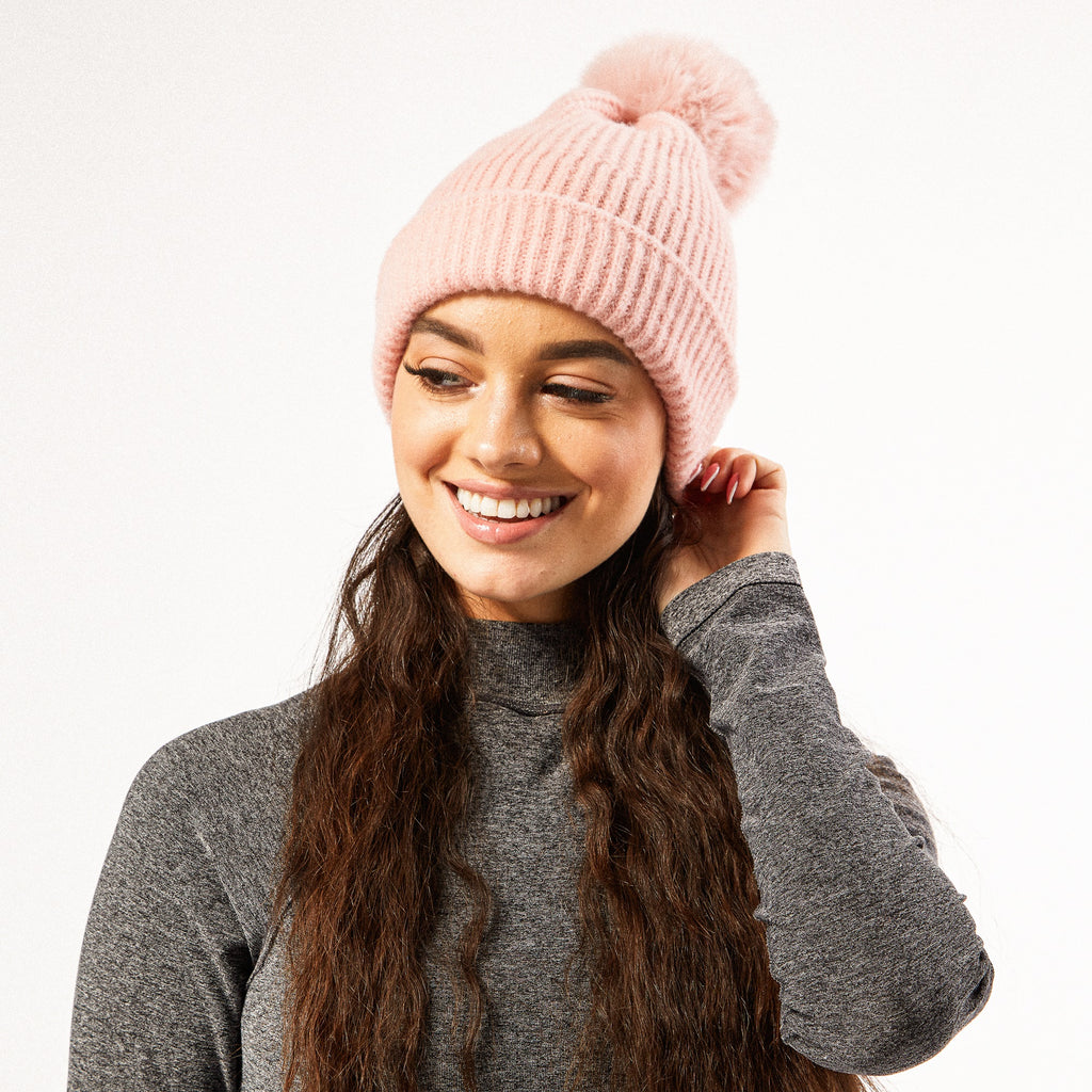 Hadley Wren Plush Knit Pom Pom Beanie, Pink