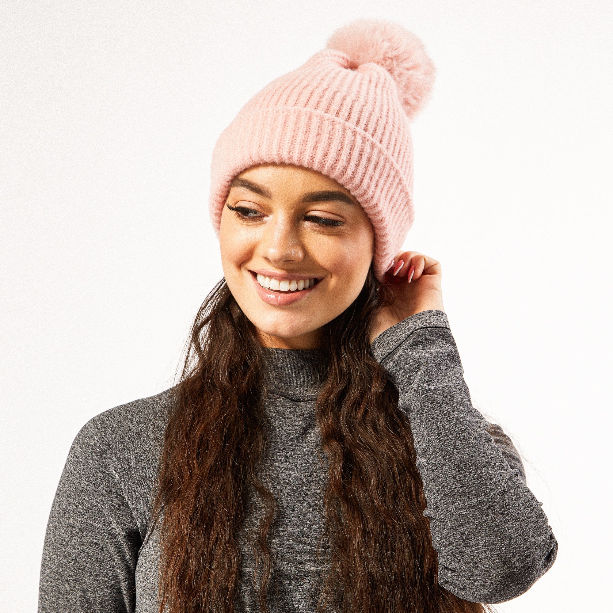 Hadley Wren Plush Knit Pom Pom Beanie, Pink
