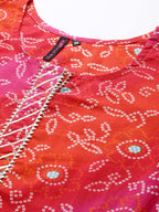 Ishin Women'S Cotton Blend Multicolor Bandhani Printed A-Line Kurta
