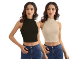 Shasmi Womens & Girls Solid Ribbed Round Neck Collarless Sleeveless Slim Fit Simplicity Tank Tops (Pack of 2) (TOP 37 Black Sk