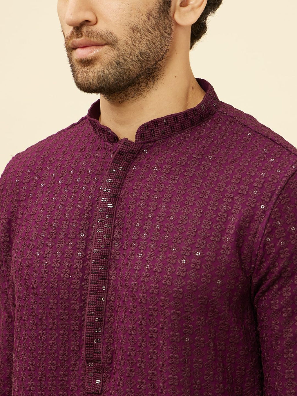 Manyavar Mens Purple Viscose CHIKANKARI Kurta Pyjama Set