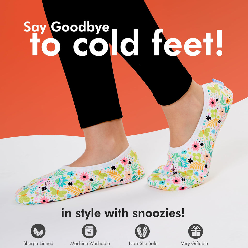 Snoozies Womens Slipper Socks  cozy House Shoes  comfy Slip Ons  Fun Slippers  Skinnies Lightweight - Butterfly garden (Medium)
