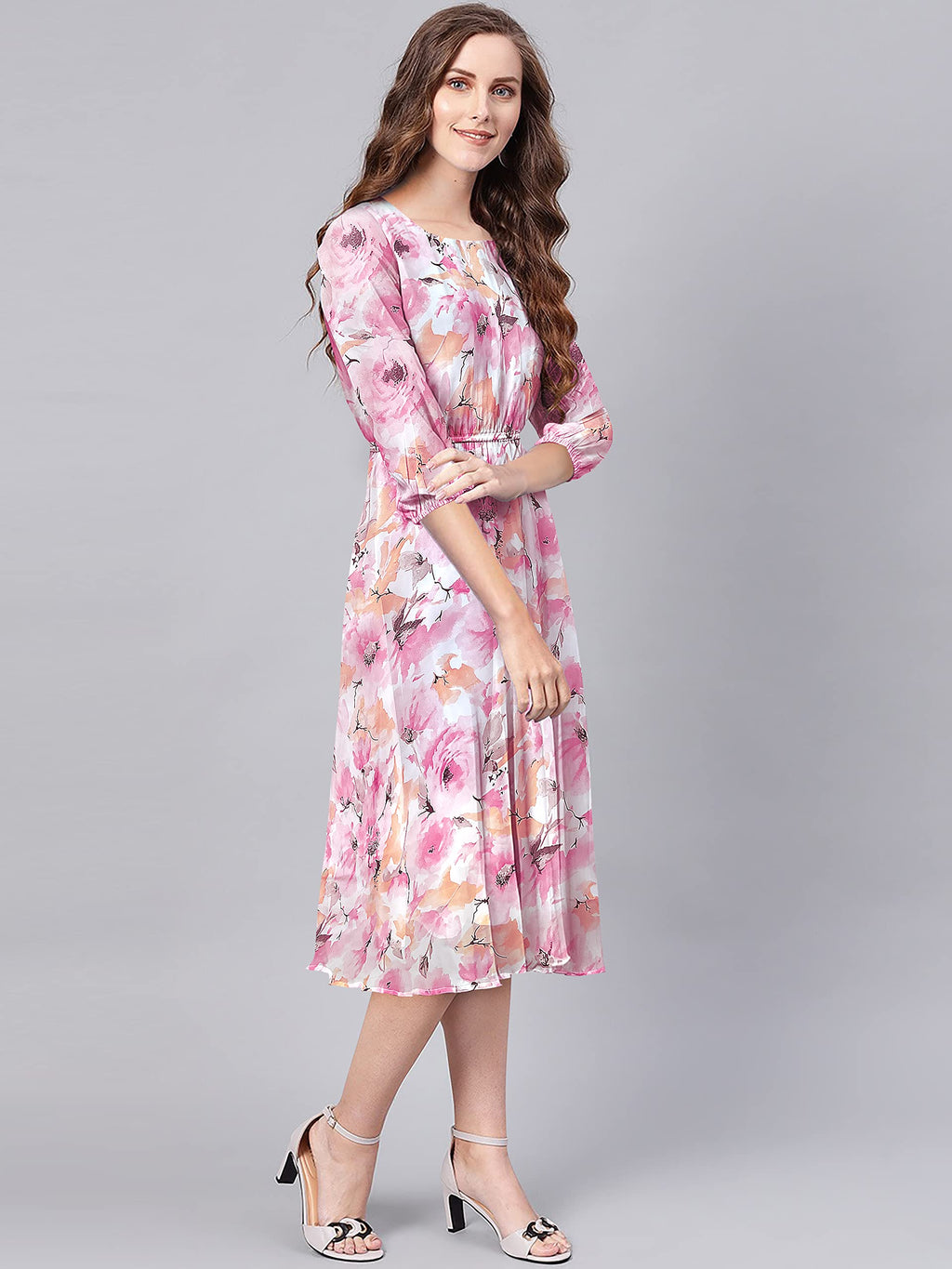 Toochki Pink Georgette Floral Fit & Flared Kurti Kurta Dress For Women A Line Suitable In Summer Latest Trendy Stylish Kurtas