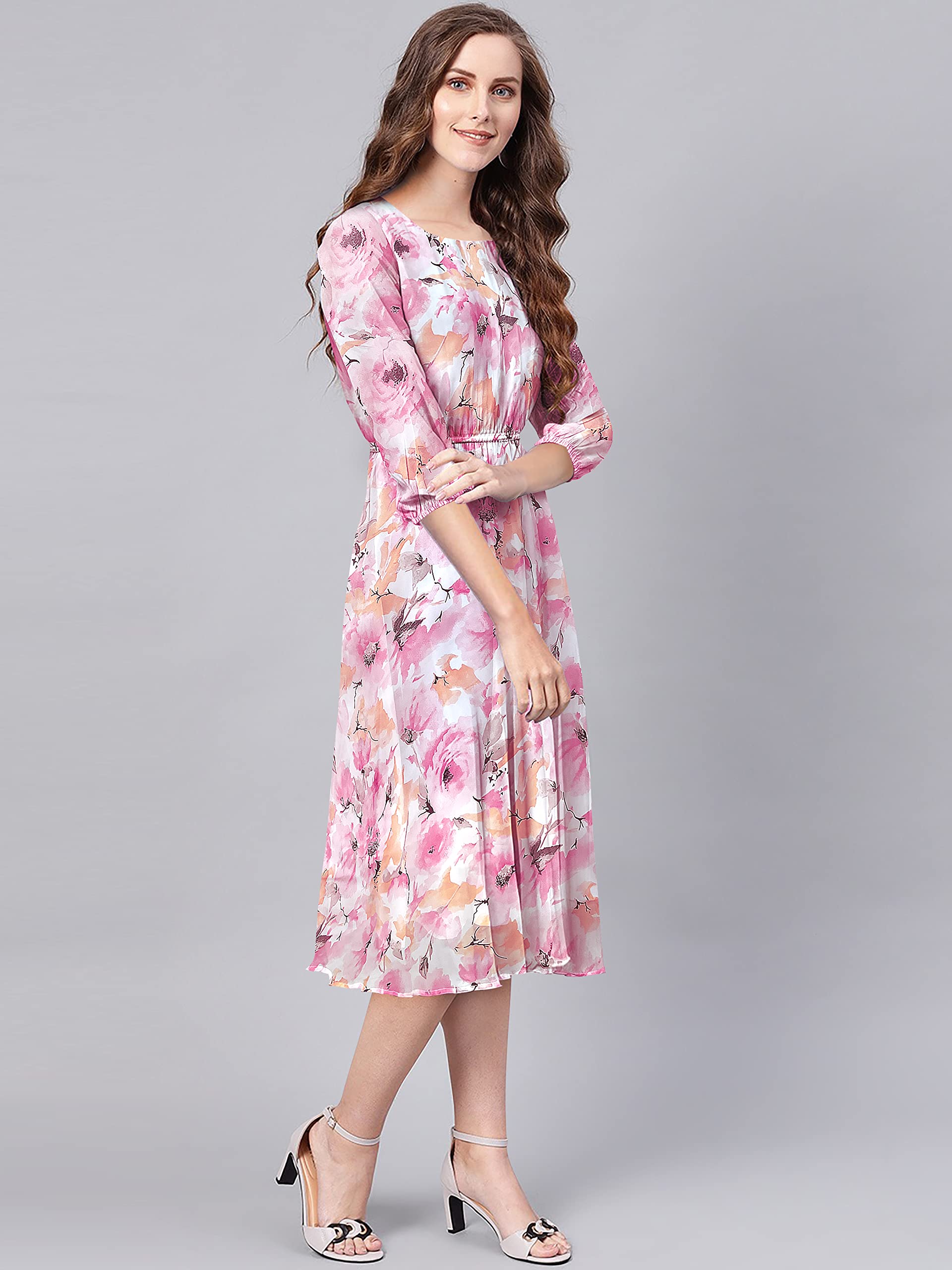 Toochki Pink Georgette Floral Fit & Flared Kurti Kurta Dress For Women A Line Suitable In Summer Latest Trendy Stylish Kurtas