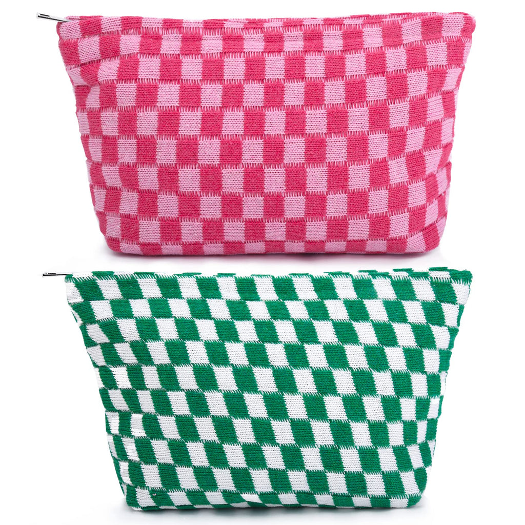 SOIDRAM 2 Pieces Makeup Bag Large Checkered Cosmetic Bag Capacity Canvas Travel Toiletry Bag Organizer Cute Makeup Brushes Aesth