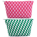 SOIDRAM 2 Pieces Makeup Bag Large Checkered Cosmetic Bag Capacity Canvas Travel Toiletry Bag Organizer Cute Makeup Brushes Aesth