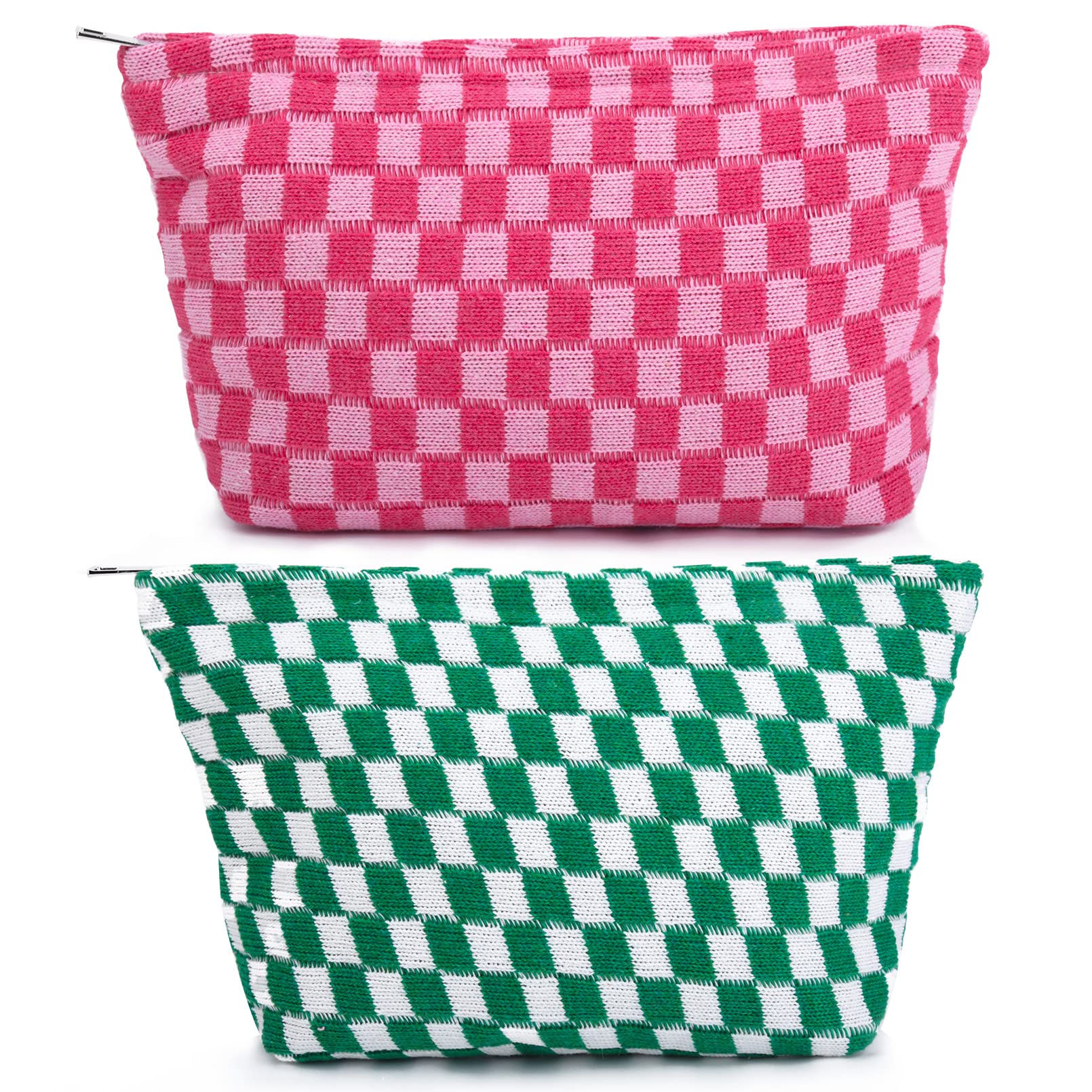 SOIDRAM 2 Pieces Makeup Bag Large Checkered Cosmetic Bag Capacity Canvas Travel Toiletry Bag Organizer Cute Makeup Brushes Aesth