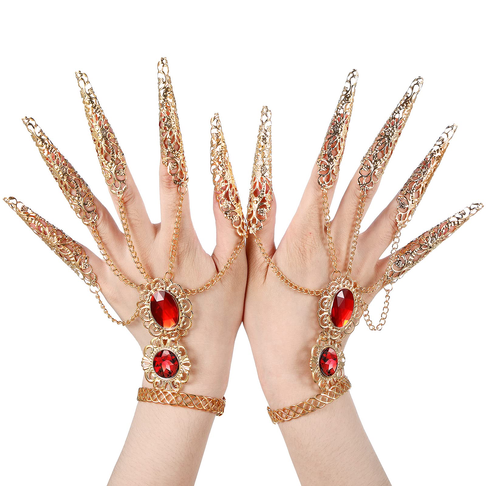 Maitys 2 Pcs Gold Bracelets Inlaid with Acrylic Women Belly Dance Gypsy Egyptian Bracelet with Finger Nails Halloween Costume (R