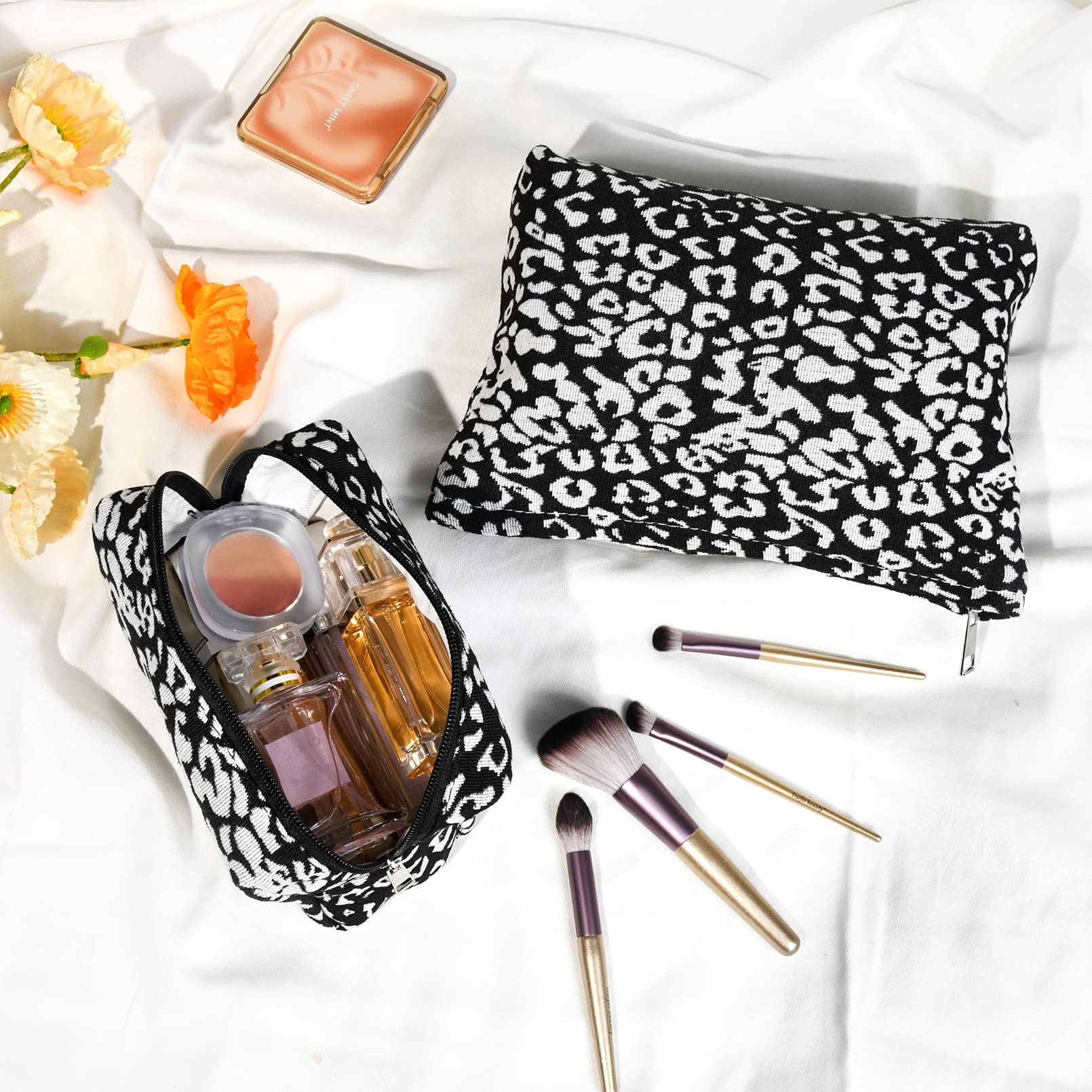 SOIDRAM 2 Pieces Leopard Print Makeup Bag Large Cosmetic Bag Capacity Canvas Mix Travel Toiletry Bag Organizer Cute Makeup Brush