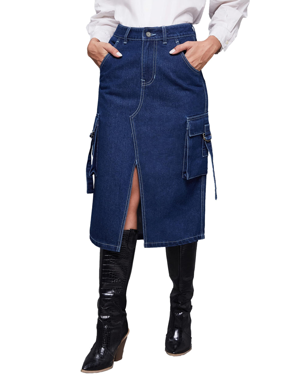 Miss Chase WomenS Straight Fit High Rise Midi Denim Skirt With Pockets (Mcss24Den11-14-71-26, Blue, 26)