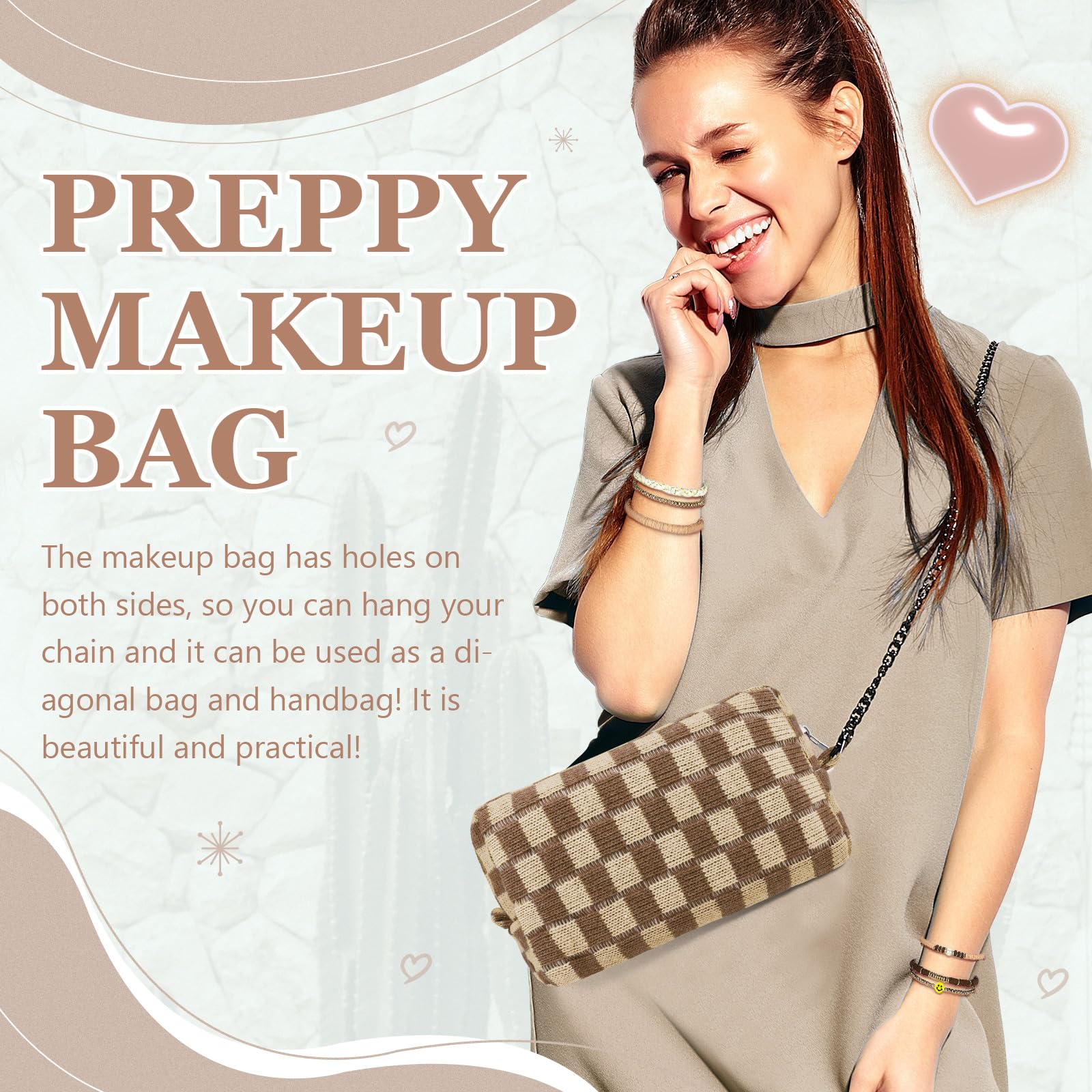 58 Pcs Aesthetic Makeup Bag Set With 7 Pcs Surfer Bracelets and 50 Pcs Stickers for Women Girls Teens Gift (Brown)