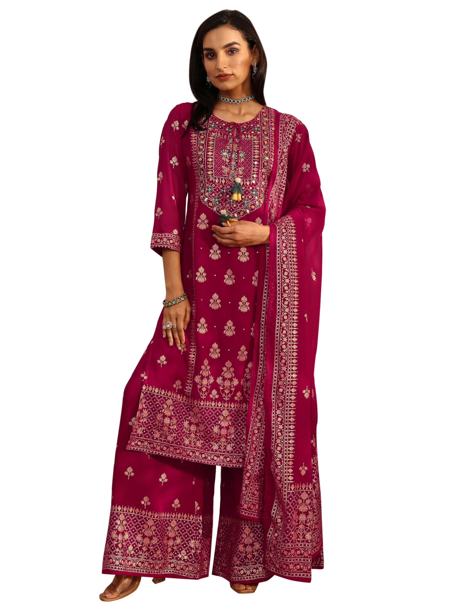 Libas Embroidered Georgette Straight Kurta With Palazzos With Dupatta (51863XL)