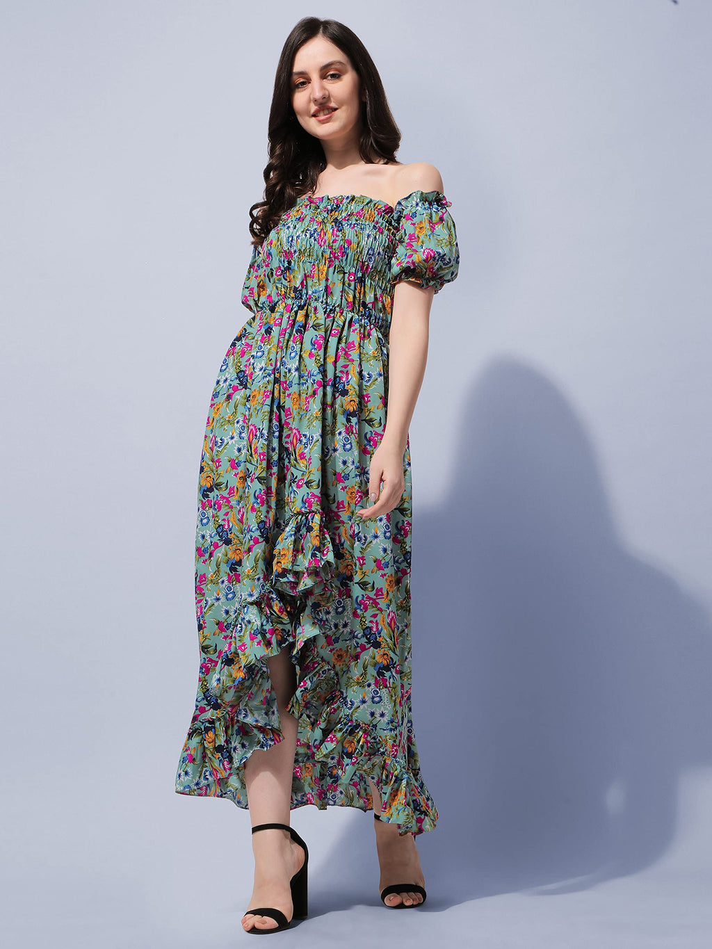 Oomph! Flared Dress For Women Stylish | Long One Piece For Women | Off Shoulder Puff Sleeve Long Dress | Floral Print Maxi One P