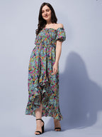 Oomph! Flared Dress For Women Stylish | Long One Piece For Women | Off Shoulder Puff Sleeve Long Dress | Floral Print Maxi One P