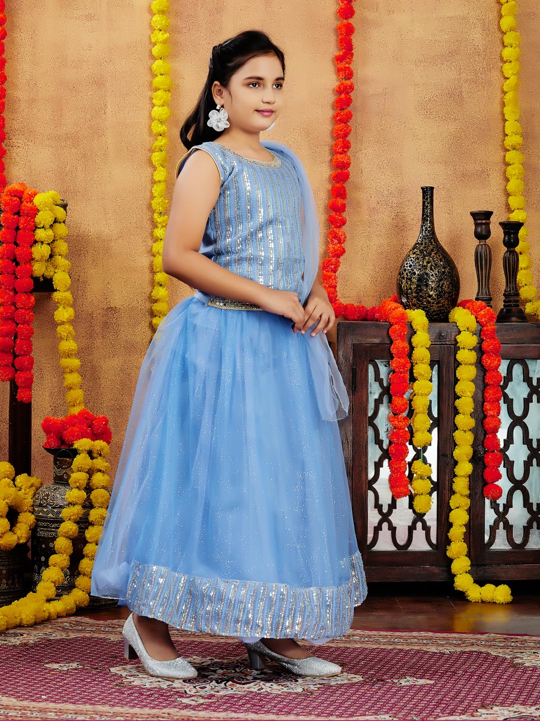 Aarika Girls Ethnic Wear Blue Colour Sequin Embroidery Net Lehenga Choli Set (10-15 Years)