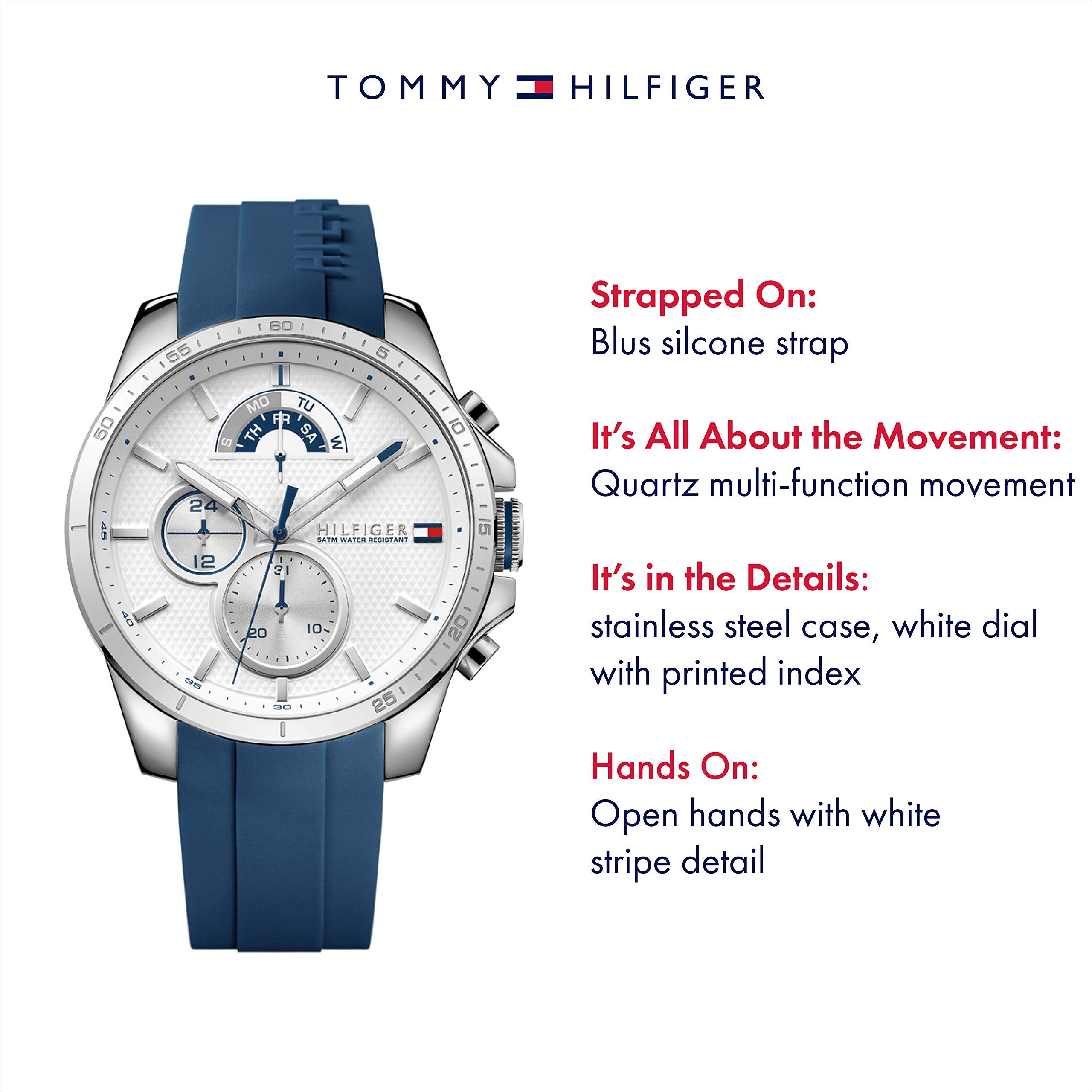 Tommy Hilfiger Men's Cool Sport Stainless Steel Quartz Watch with Silicone Strap, Blue, 22 (Model: 1791349)