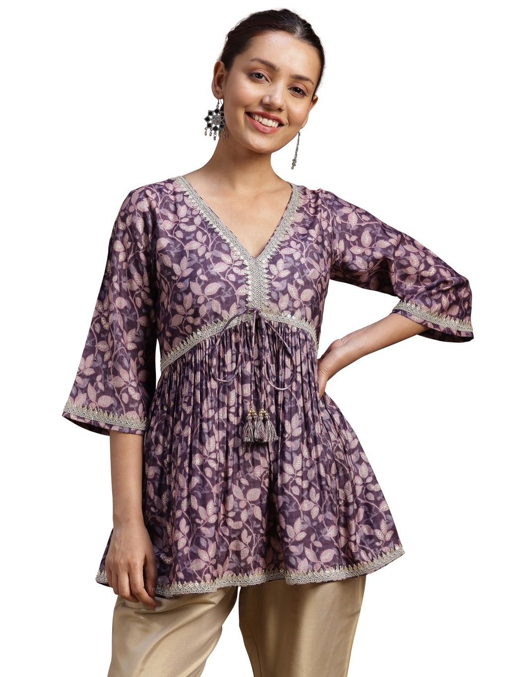 Libas Women'S Silk Blend Floral A-Line Kurti (291580R Purple